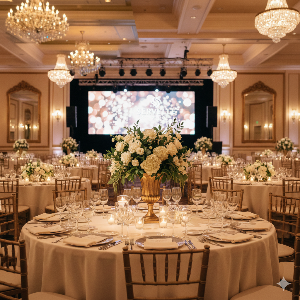 Elegant banquet hall decorated with floral centerpieces, chandeliers, and round tables set for an event, with a stage and large screen in the background.