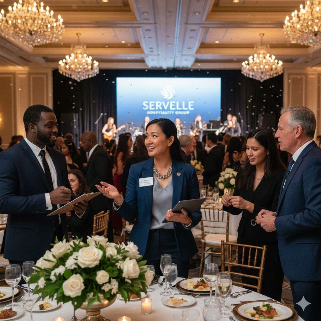 Business professionals engaging in conversation at a formal dinner event with a stage in the background displaying 'Servelle Hospitality Group' and a band performing.
