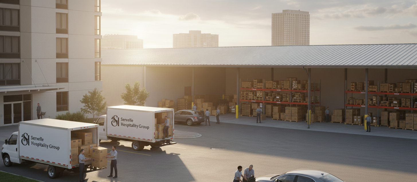 Warehouse loading area with two delivery trucks marked 'Servelle Hospitality Group,' workers unloading boxes, and shelves filled with stored goods. In the background, a building with surrounding high-rise buildings and a sunset sky.