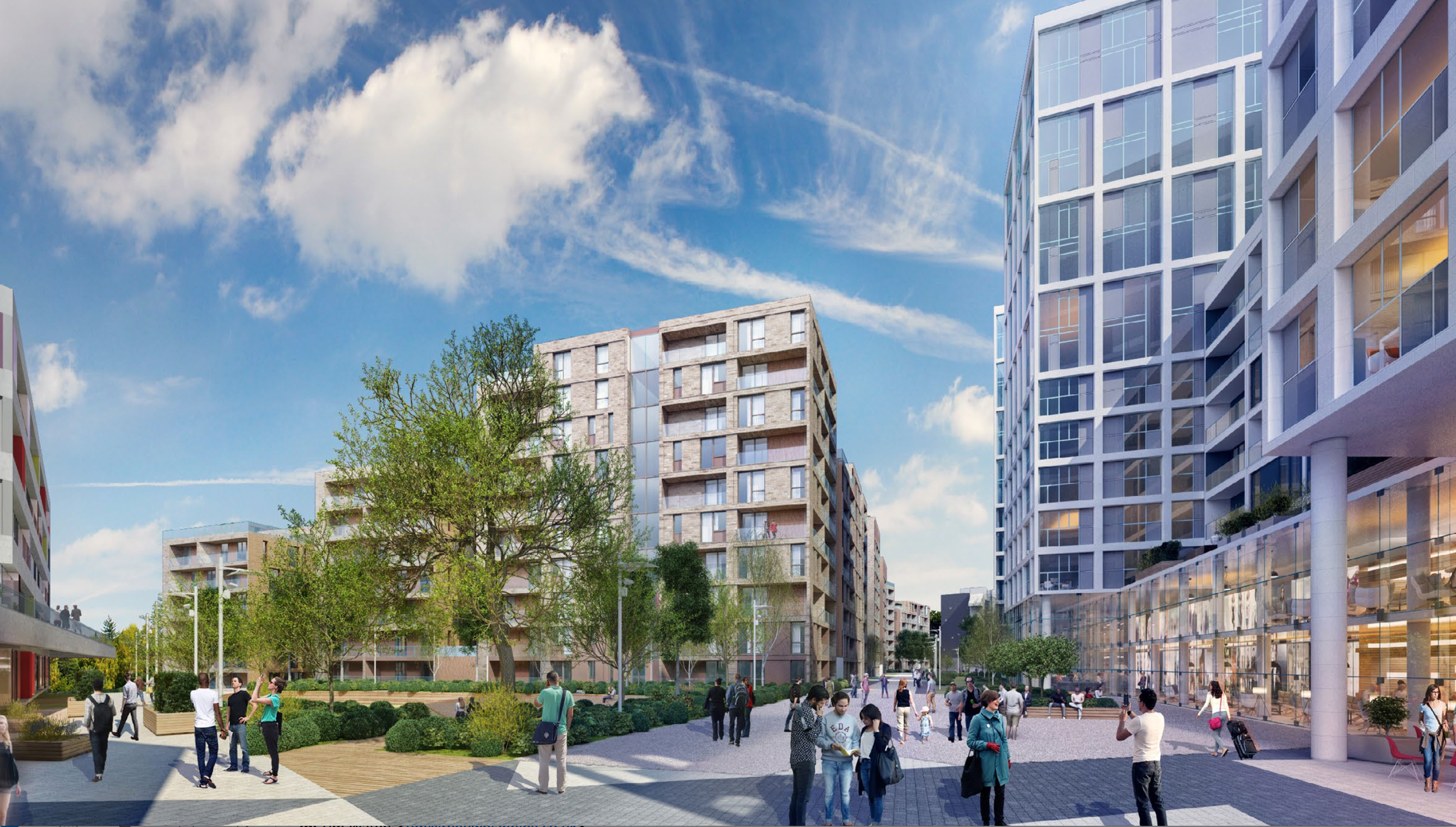 Modern residential buildings with glass facades and balconies in an urban plaza. There are trees, benches, and people walking, talking, and taking pictures in the sunny outdoor space.