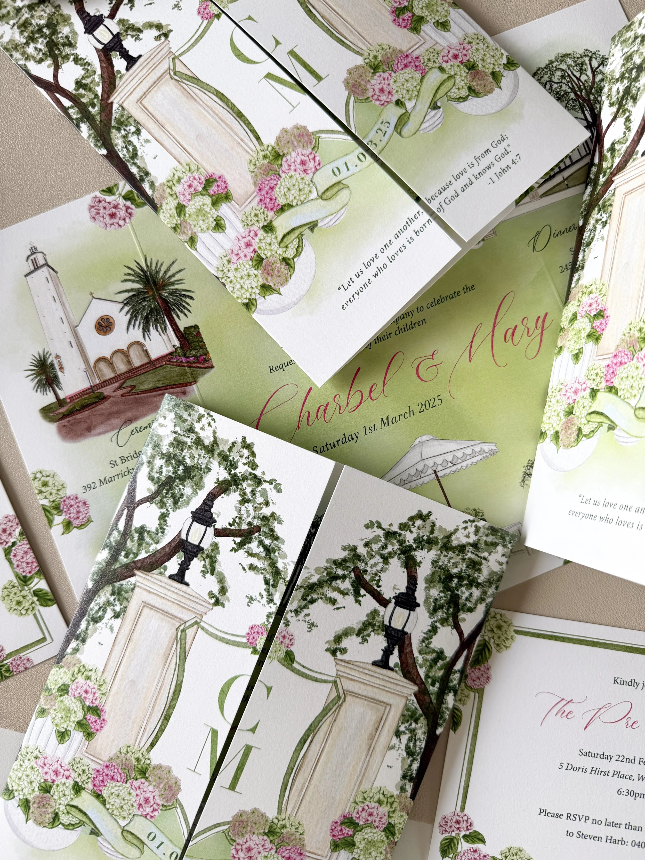 Wedding invitation cards with illustrations of trees, pink and white hydrangeas, a lighthouse, and decorative pillars.