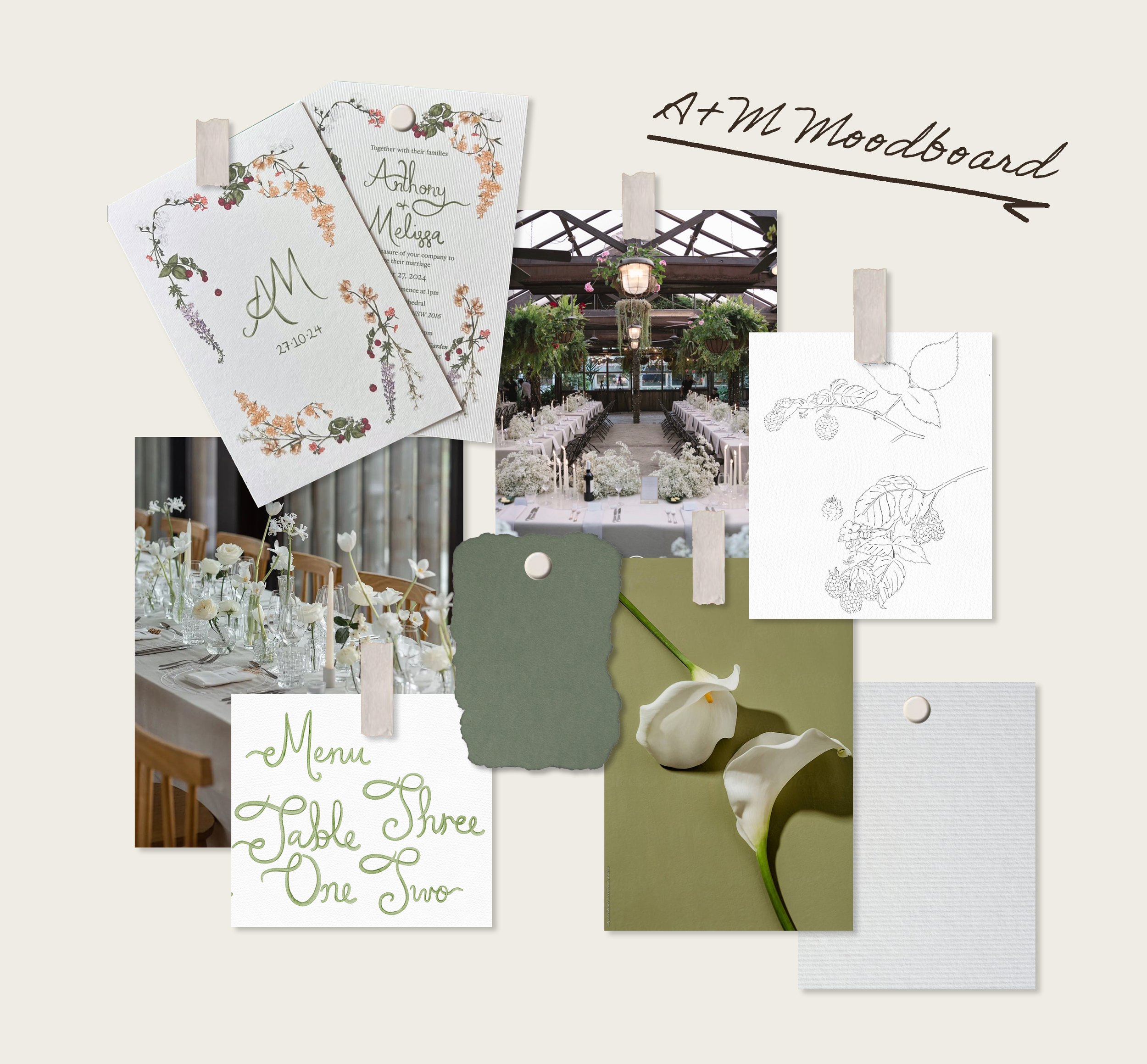 A mood board with wedding planning images including floral stationery, a decorated wedding reception, a menu, and decorative illustrations of flowers and leaves.