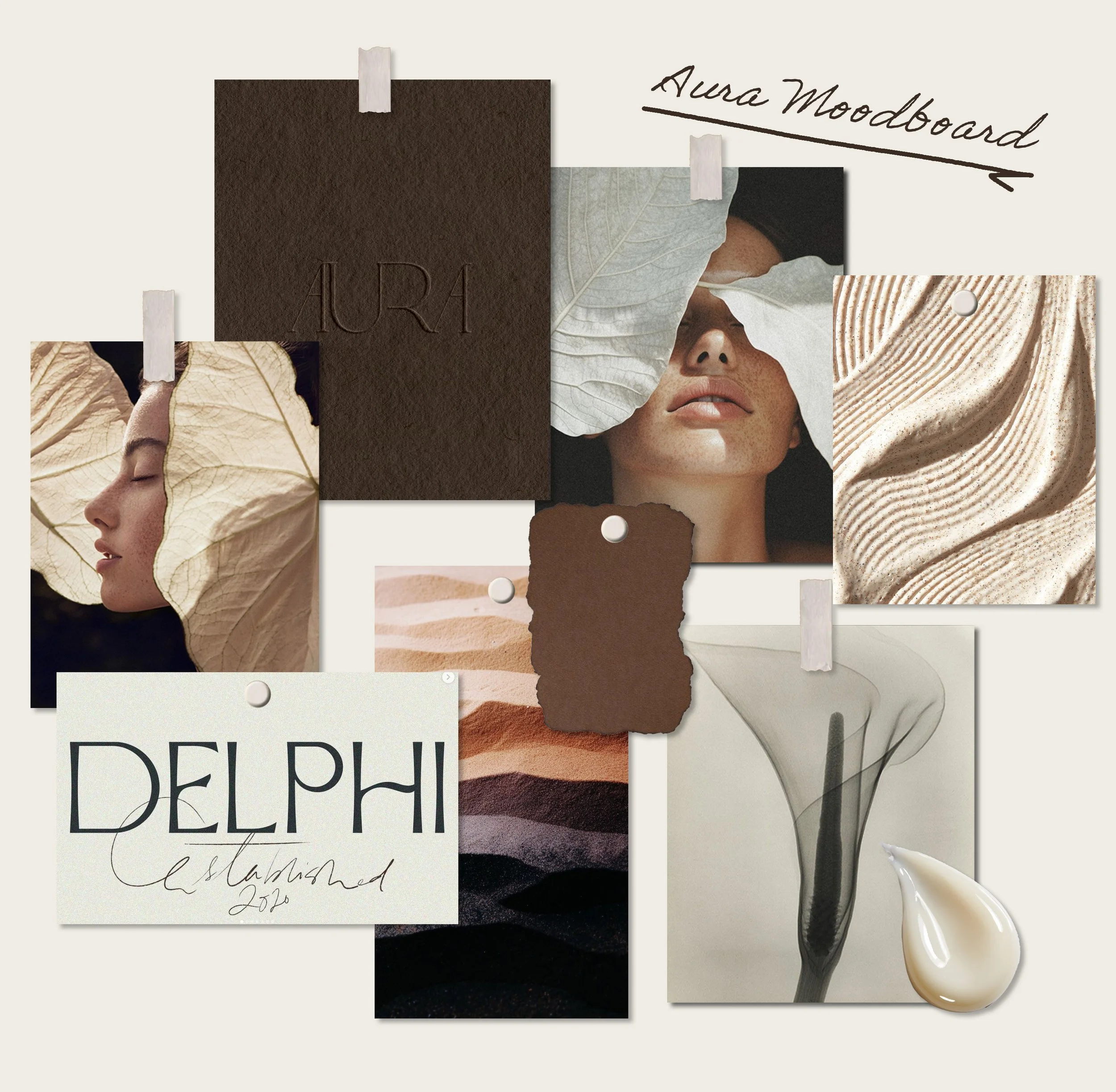 Moodboard with natural textures, a woman's face with eyes closed, large leaf, and handwritten text reading 'Aura Moodboard'.