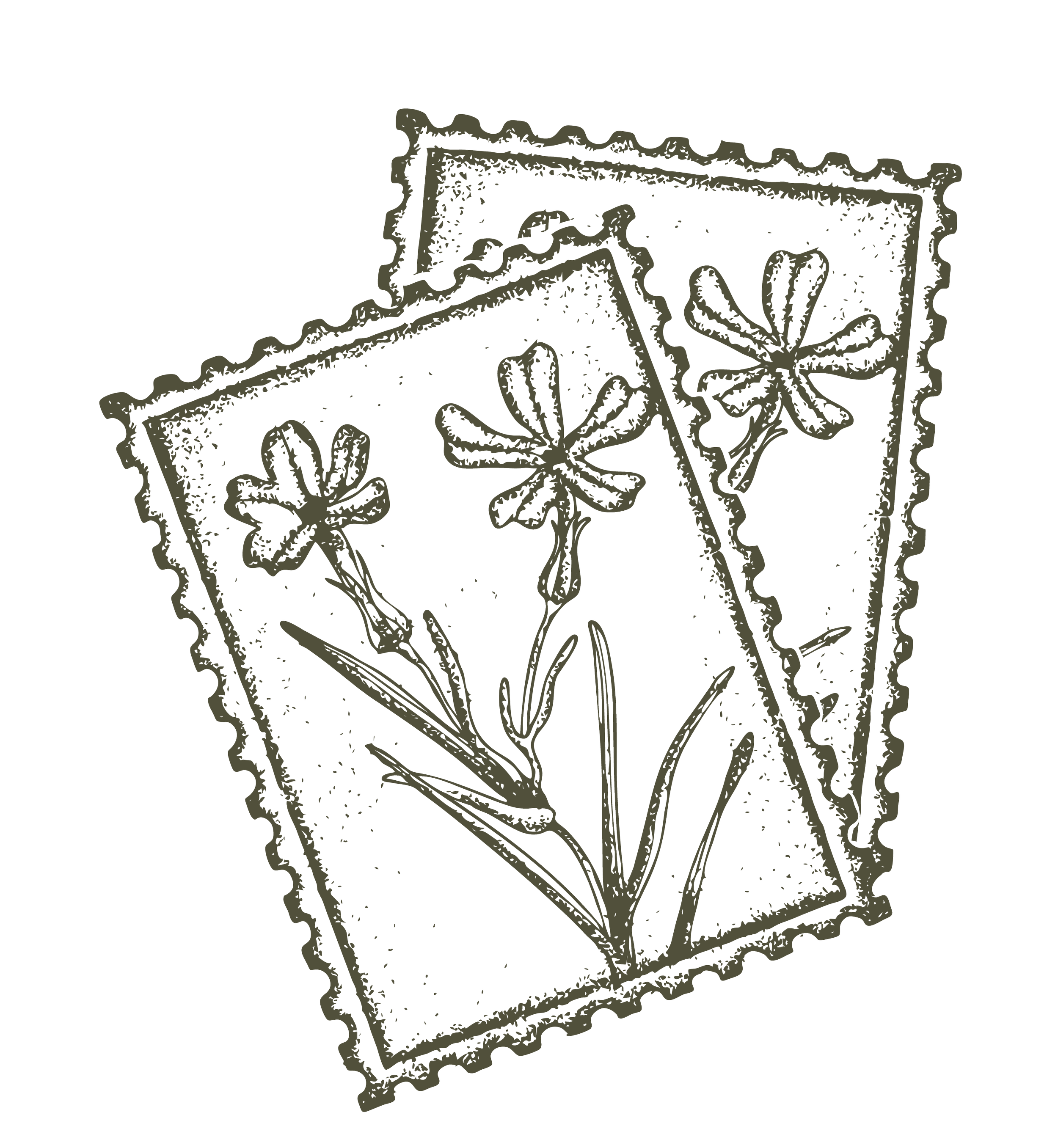 Two postage stamps featuring a floral design with three flowers and leaves, one stamp placed above the other, with a scalloped border.