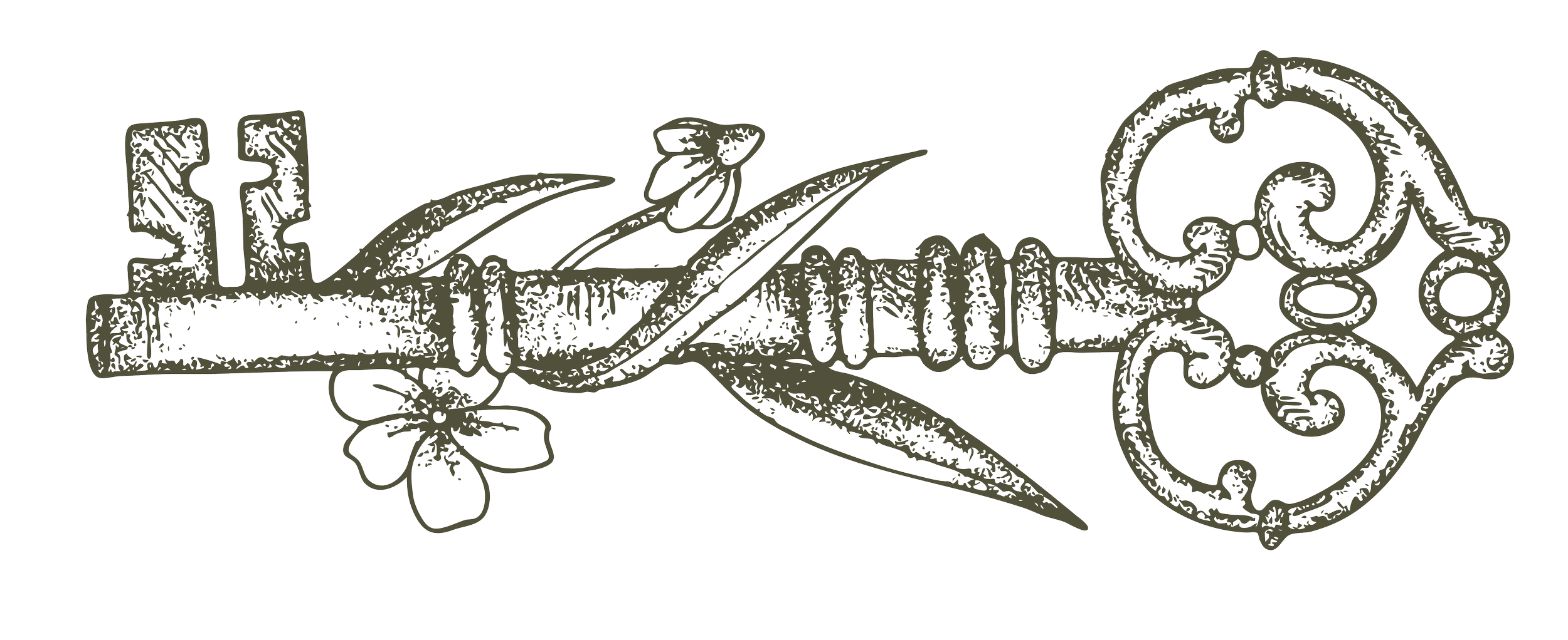 Vintage black and white illustration of a sword with intricate scrollwork and floral details.