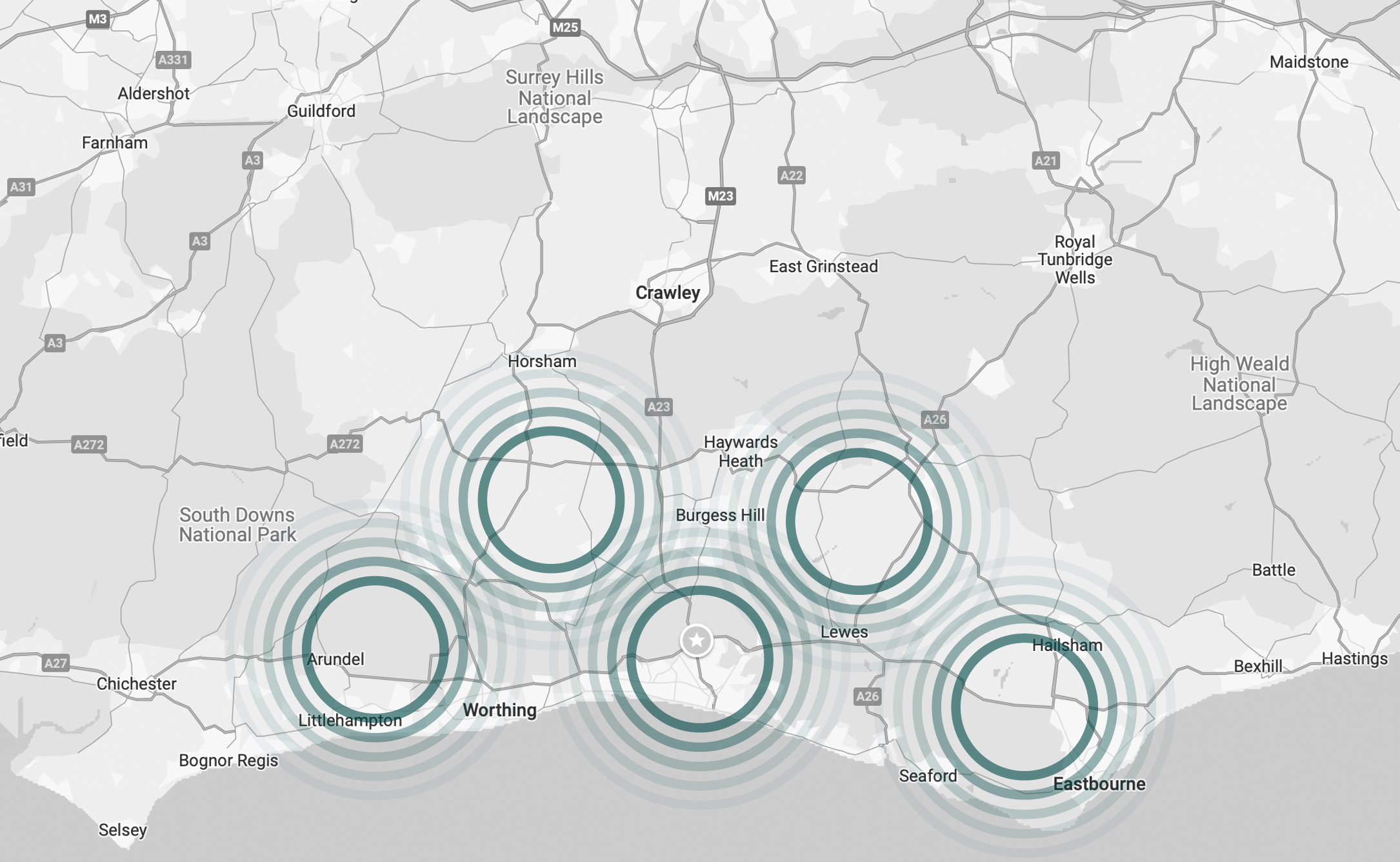 Brighton Vet Cardiology map with heart clinics in Brighton, Arundel, Haywards Heath,  Burgess Hill, Eastbourne, Sussex UK