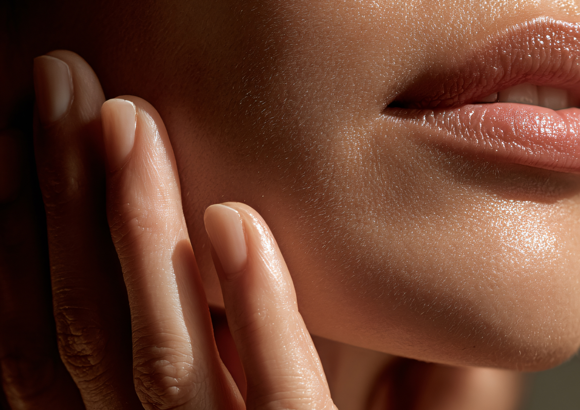 Close-up of a person's lips, chin, and fingers touching their face, with a focus on smooth, glowing skin.