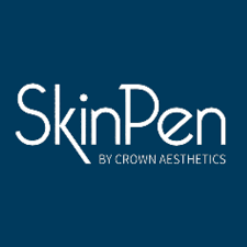 SkinPen logo with white text on a dark blue background.