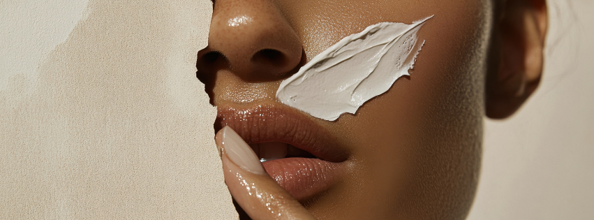 Close-up of a woman with a dollop of white cream on her cheek, touching her lips with her finger.