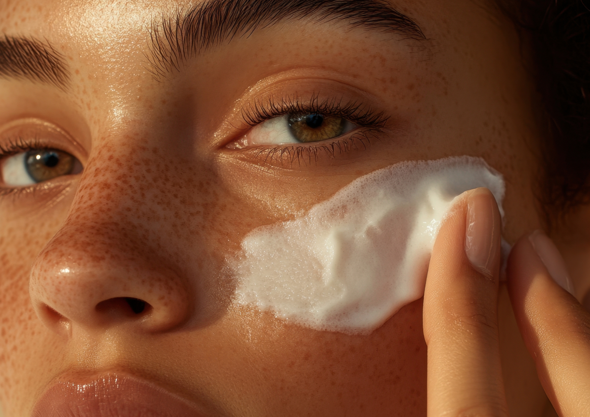 A close-up of a woman's face with freckles, applying white foam to her cheek.
