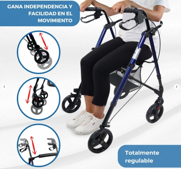 Andador plegable  Aluminio  Frenos en manetas  Doble ajuste en altura  4 ruedas  Augusto5.png