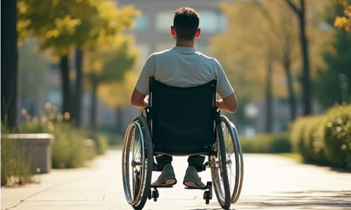 Persona en una silla de ruedas en un parque en un día soleado.