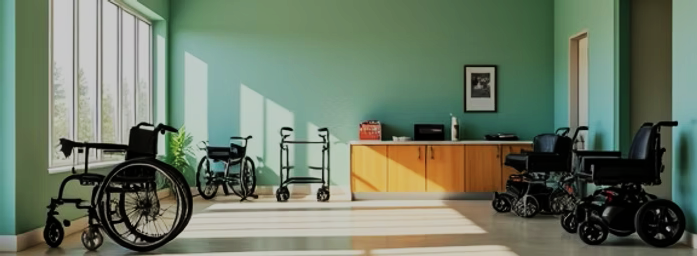 Sala de rehabilitación con sillas de ruedas y andadores, paredes verdes y luz natural
