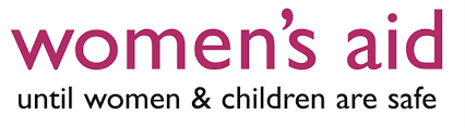 Text-based image with the words "women's aid" and the slogan "until women & children are safe" in black and purple font