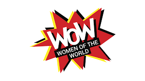 Graphic design with the word 'WOW' in bold letters, with a starburst background, and the text 'Women of the World' underneath.