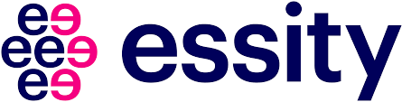 Logo with repeating pink and blue 'e's on the left, and the word 'essity' in dark blue text on the right.