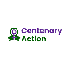 Logo with a purple ribbon above a green star, and the text 'Centenary Action' in purple and green.