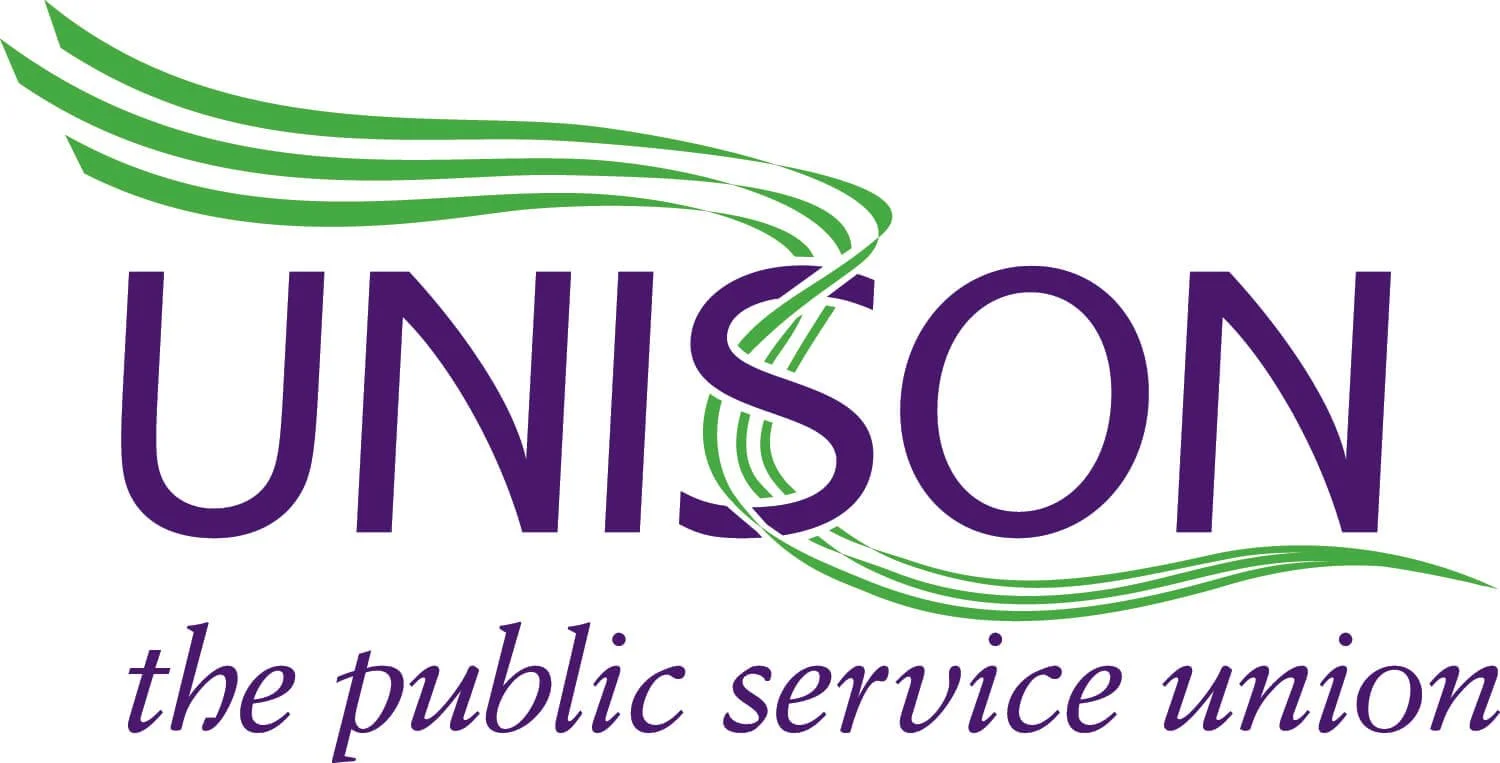 Logo of UNISON, a public service union, featuring the union name and a stylized green and purple design with the slogan 'the public service union'.