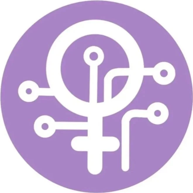 The Misogyny & AI Network logo. The symbol for woman, intertwined with a circuit against a purple circle; representing technology and feminism.