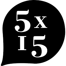 Speech bubble with '5 x 15' in white text on a black background