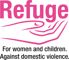 Logo for Refuge organization with pink stylized hands and text promoting support for women and children against domestic violence.