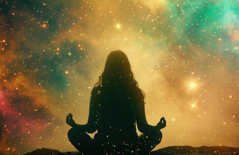 Silhouette of a person meditating in a cross-legged position against a colorful galaxy background.