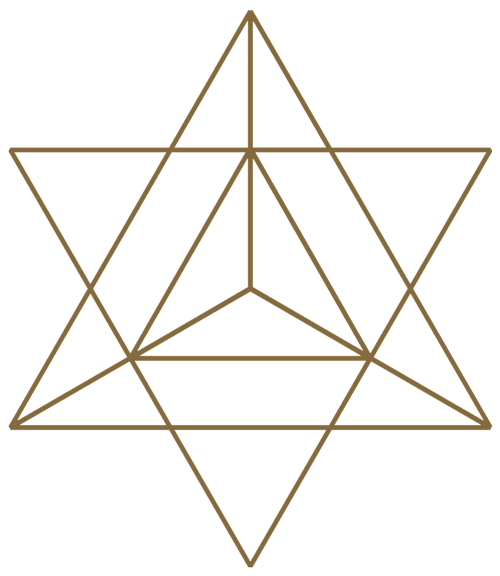 A geometric star pattern with overlapping lines in gold on a black background.