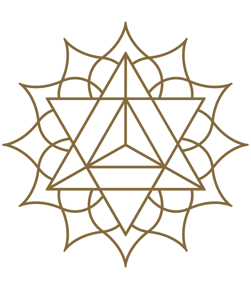 Gold geometric mandala design on black background with interconnected triangles and circles.