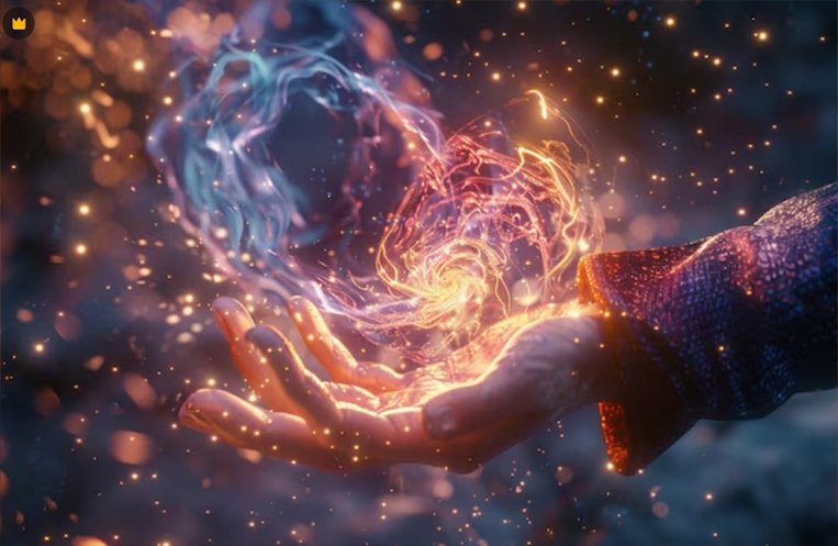 A human hand holding a swirling, glowing energy of blue and orange colors with sparks around