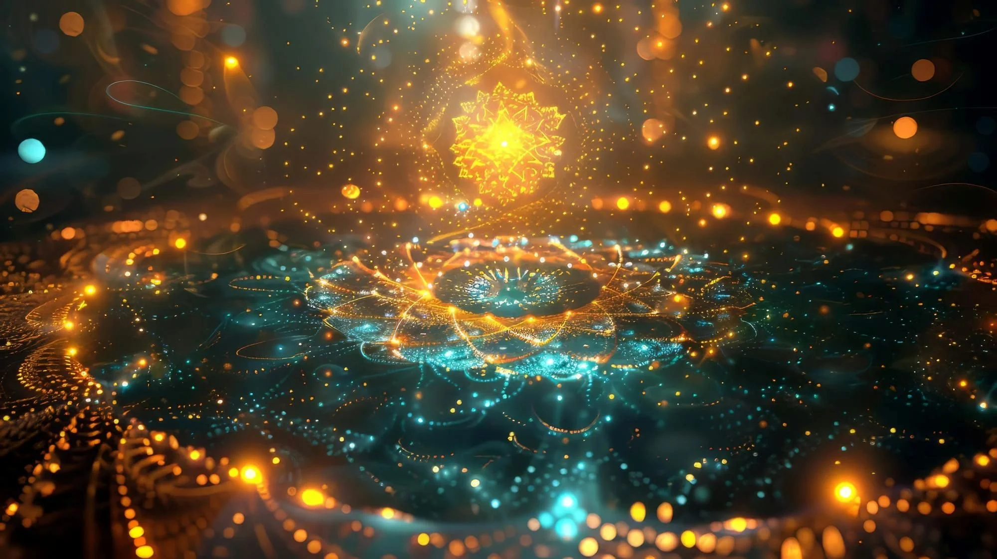 A digital representation of a glowing, intricate snowflake-shaped light surrounded by swirling blue and orange particles in a dark, abstract space.