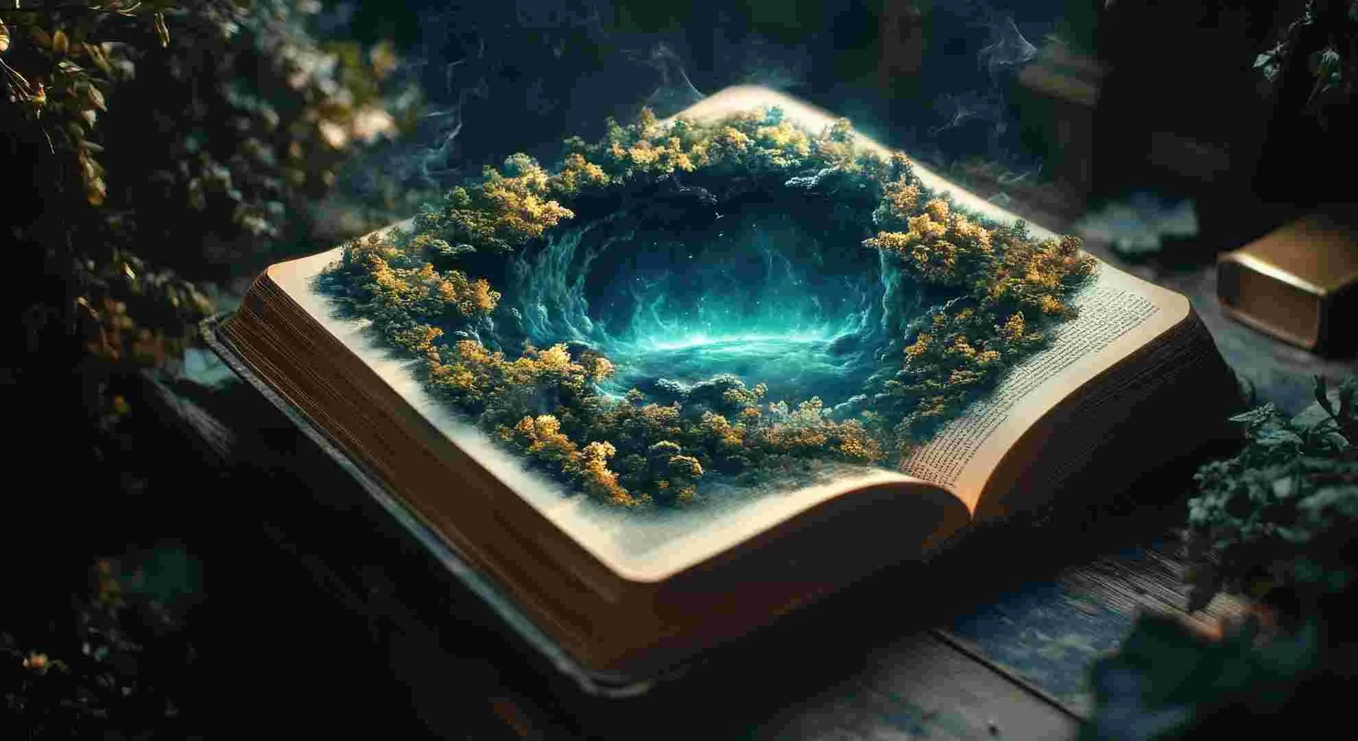 An open book on a dark surface with a digitally created vortex of swirling blue energy and floating orange trees on the pages.