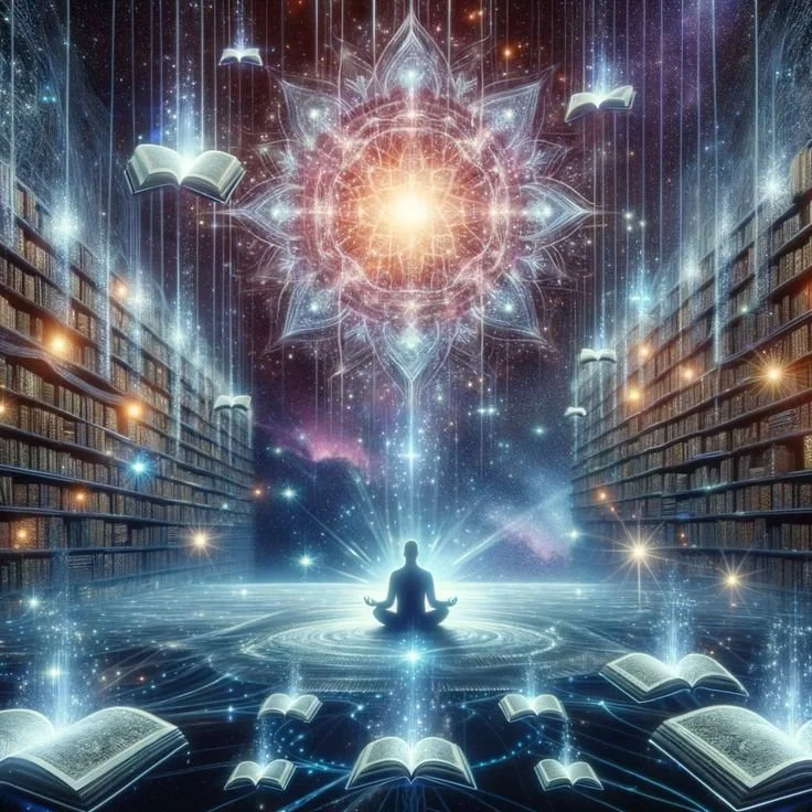 A person meditating in a mystical library with glowing books, stars, and a large radiant mandala in the background.