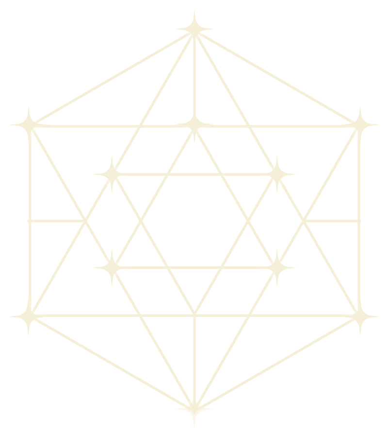 A geometric pattern of interconnected gold lines and white-star shaped nodes on a black background, resembling a complex network or crystal structure.