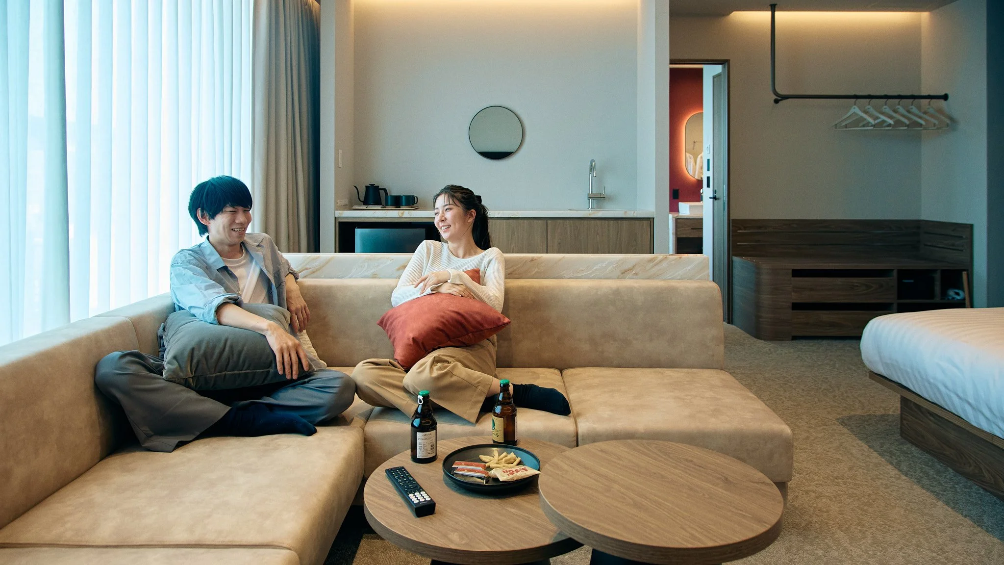 Family entering hotel restaurant and lobby area