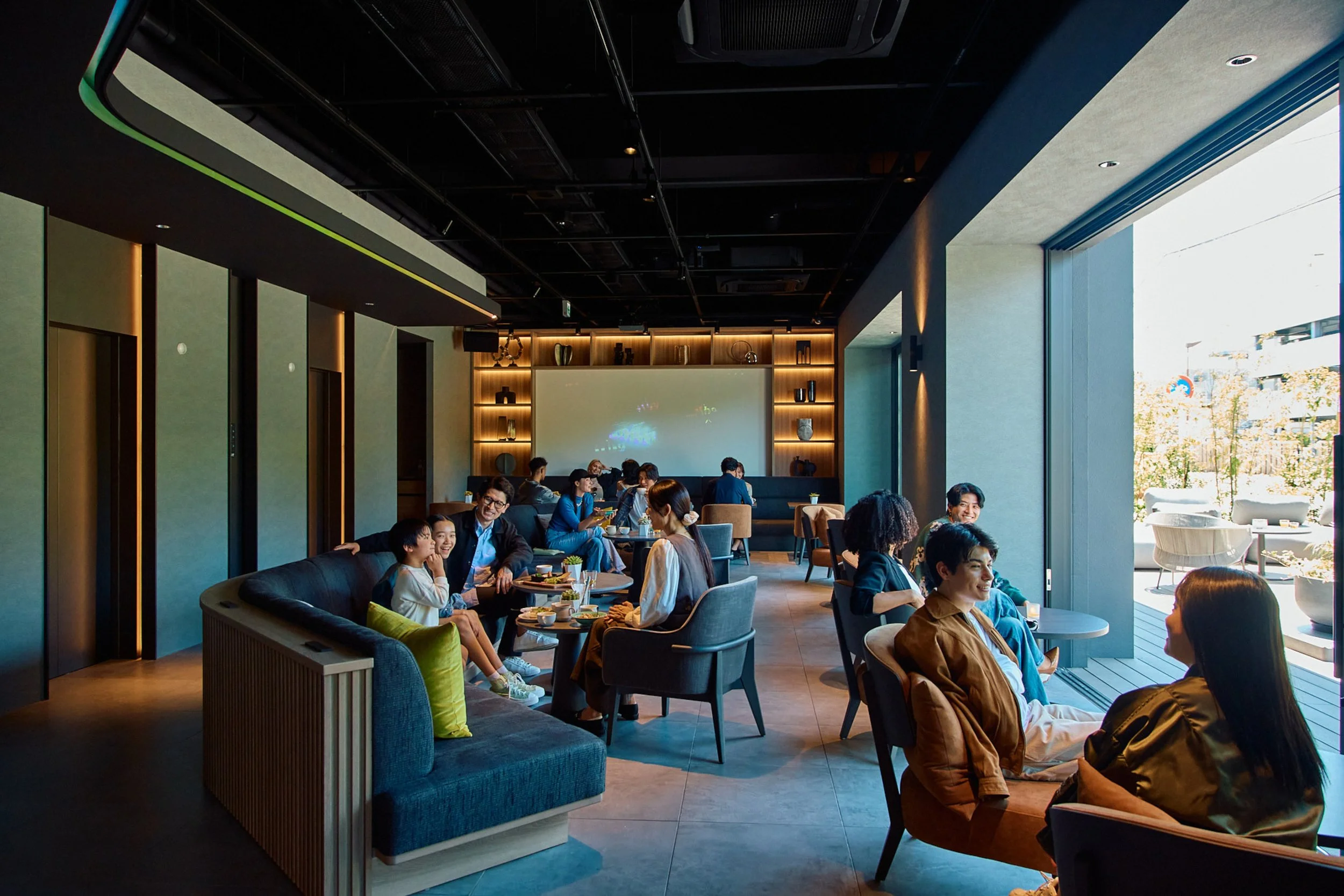 Hotel lounge area with guests socializing