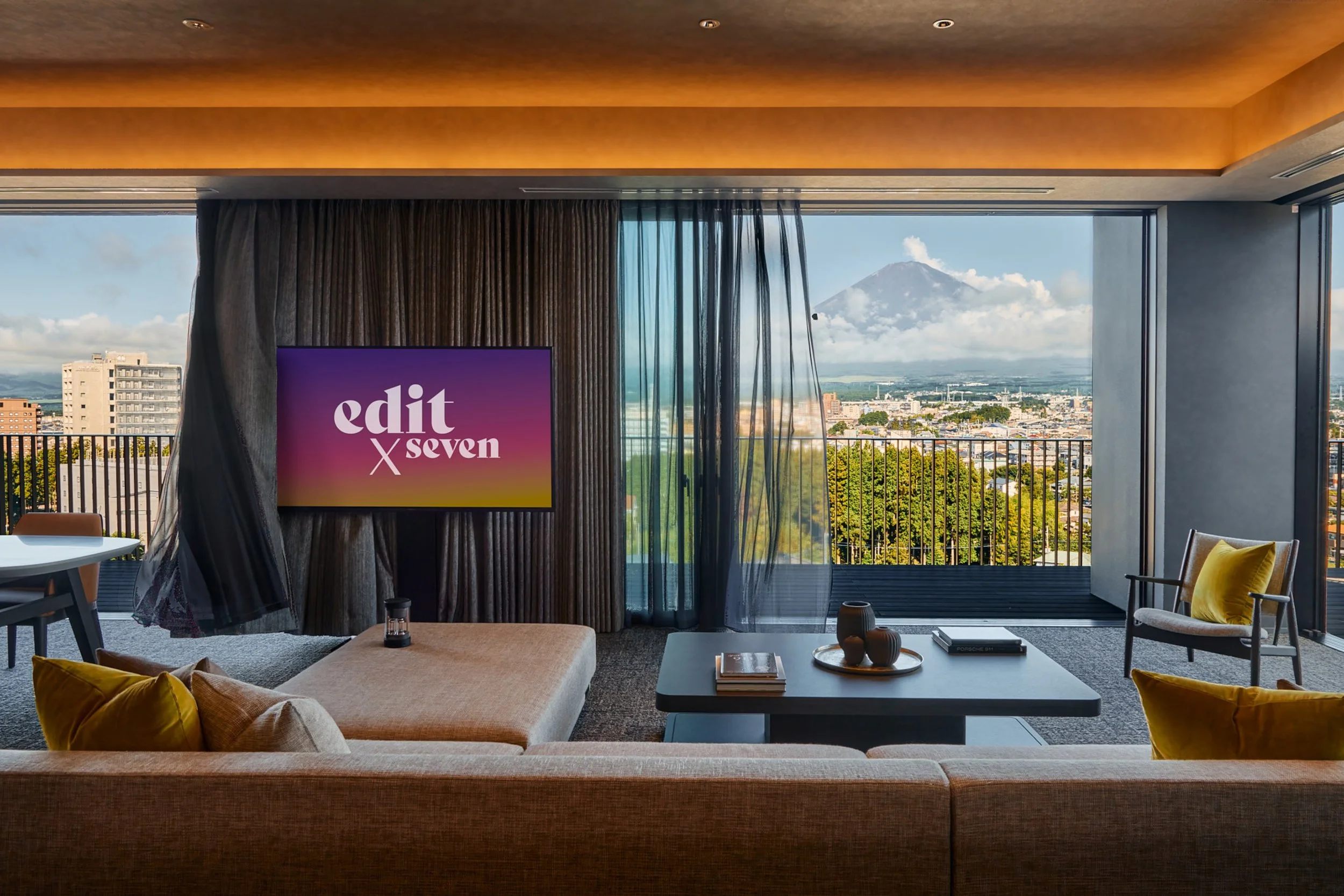 Hotel suite living room with city view