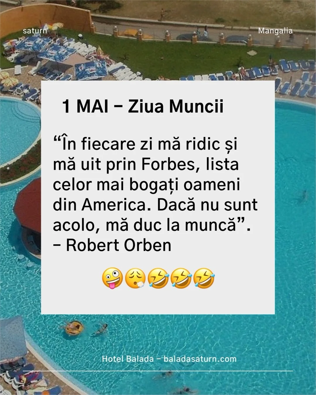 deschidem pe 29 Mai! 
Hotel de 3* cu piscina, pool bar, camere matrimoniale sau twin, chiar pe malul marii.
Rezervari la +40 (754) 055 476 .
Tarife pe baladasaturn. com