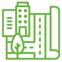 BimBam Archeologie ondersteunt lokale overheden bij hun archeologische beleidsvragen. Je ziet een lijntekening van een stad met hoge gebouwen, een boom en een straat.
