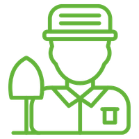 BimBam Archeologie ondersteunt andere archeologische bureaus in hun bedrijfsvoering. Je ziet een groene lijntekening van een persoon met een hoed en een schoffel.