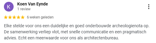 Recensie van 5 sterren voor BimBam Archeologie over een archeologienota die een goede samenwerking, communicatie en pragmatisch advies vermeldt.
