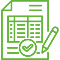 Eén van de opleidingen die BimBam Archeologie aanbiedt is de verdiepende module 'Budget & Bestek'. Je ziet een groene lijntekening van een document met checklist en pen.