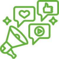 Eén van de opleidingen die BimBam Archeologie aanbiedt is de verdiepende module 'Draagvlak creëren'. Je ziet een groene lijntekening van een megafoon met icoontjes van een like, een hart en een play-symbool.