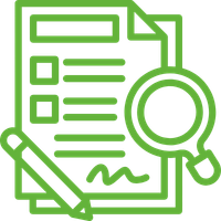 Het aanbod van BimBam Archeologie bestaat o.a. uit archeologisch onderzoek. Je ziet een groen pictogram van een document met een vergrootglas en een pen ernaast.