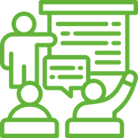 Het aanbod van BimBam Archeologie bestaat o.a. uit opleidingen. Je ziet een groene lijntekening van een persoon aan een groot schoolbord die les geeft aan een groep mensen.