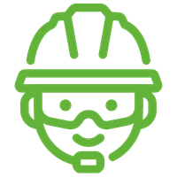 BimBam Archeologische ondersteunt iedereen die te maken krijgt met archeologie in hun eigen project. Je ziet een groene lijntekening van een persoon met een veiligheidshelm en een veiligheidsbril.