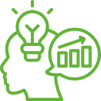 Het aanbod van BimBam Archeologie bestaat o.a. uit adviesverlening. Je ziet een groene lijntekening van een menselijk hoofd met een lichtbulb boven het hoofd en een grafiek in een spraakballon.