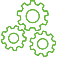 Eén van de kernwaarden van BimBam Archeologie is pragmatisme. Je ziet drie groene tandwielen die in elkaar draaien.
