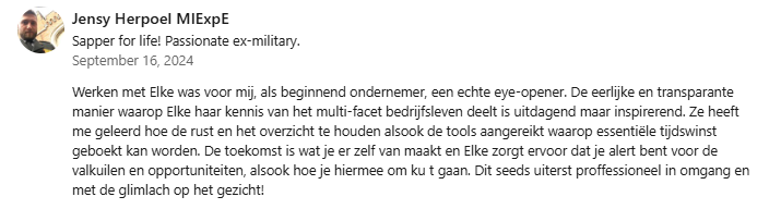 Recensie op LinkedIn over Elke Mertens van BimBam Archeologie over haar ondernemerschap en haar kwaliteiten.