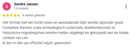 Beoordeling van 5 sterren voor BimBam Archeologie over een lezing die ging over archeologisch onderzoek, skeletonderzoek en historische migratiegolven.