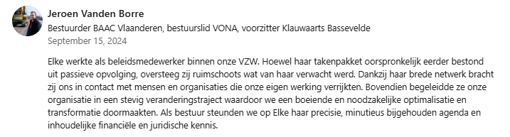 Recensie op LinkedIn over Elke Mertens van BimBam Archeologie over haar beleidswerk bij VONA vzw, de koepel van archeologische bedrijven.